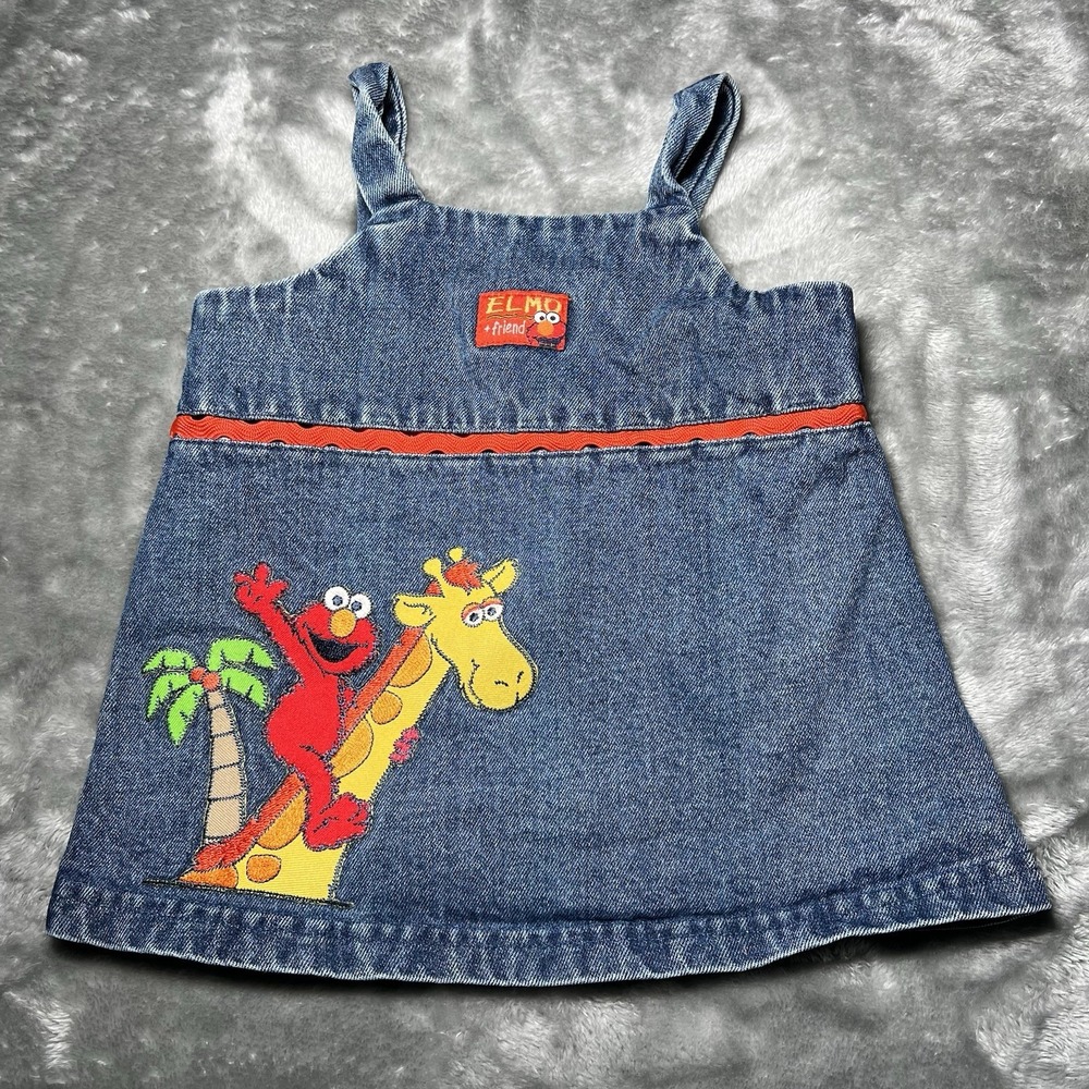 Sesame Street Overalls Girls Size 24 Elmo Friend Denim Jumper Dress Embroidered